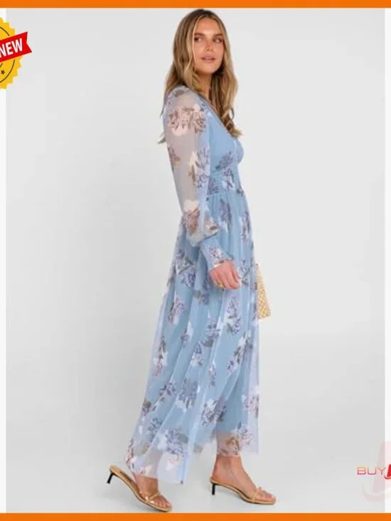 Floral Maxi Dress V Neck Puff Sleeve Long Sleeve Flowy Tulle Wedding Guest - Picture 5 of 7